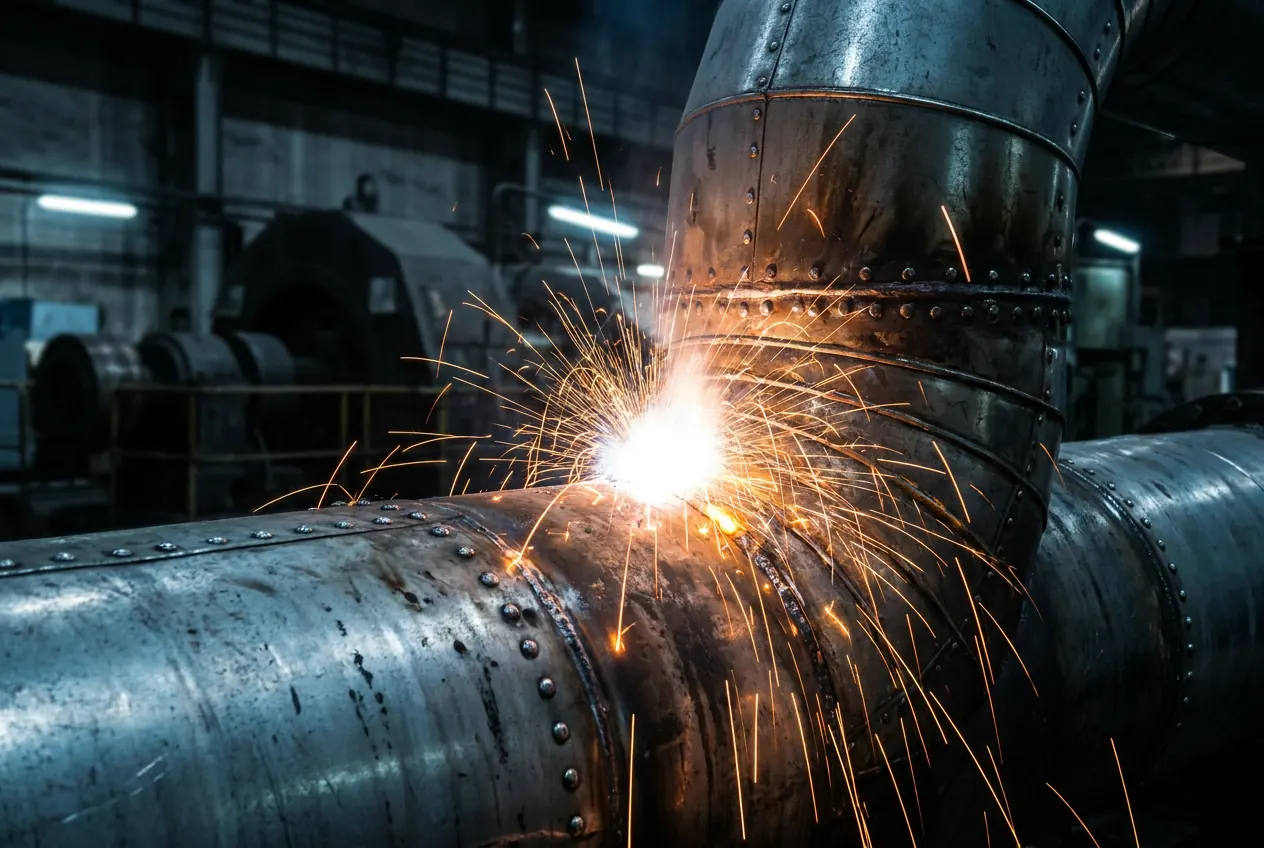 Schweißarbeiten an einer Industrierohrleitung mit Funkenflug